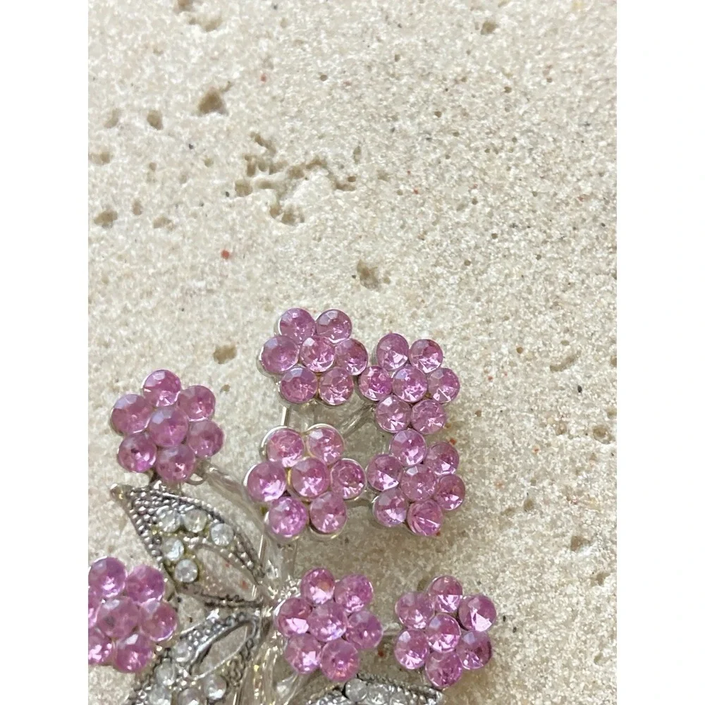 Vintage Pink‎ Rhinestone Flower Spray Brooch Silver Tone Floral Spring Romantic